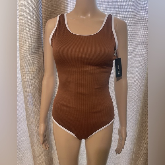 Brown Ribbed One Piece Swimsuit - Picture 1 of 4